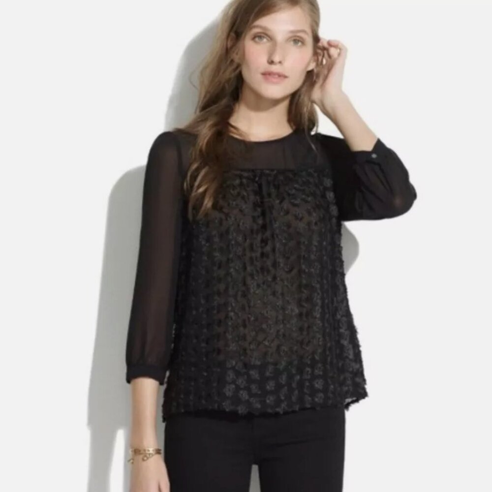Madewell Black Sheer blouse with fringe pattern